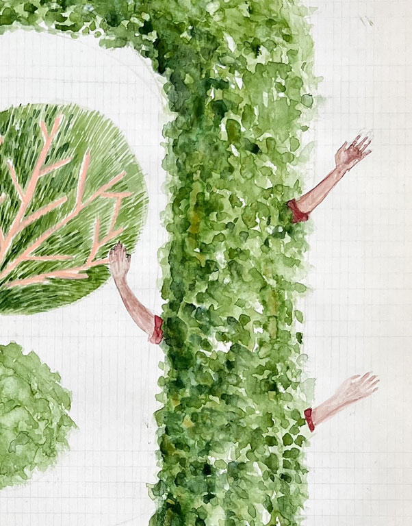 Coordenadas 10 (detalle) / Coordinates 10 (detail).  
Lápiz y acuarela sobre papel antiguo/ Pencil and watercolor on old paper. 56x44 cm. 2025