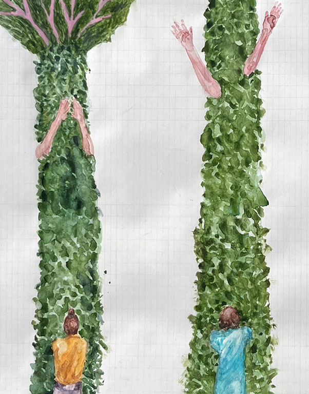 Coordenadas 9 (detalle) / Coordinates 9 (detail).  
Lápiz y acuarela sobre papel antiguo/ Pencil and watercolor on old paper. 56x44 cm. 2025